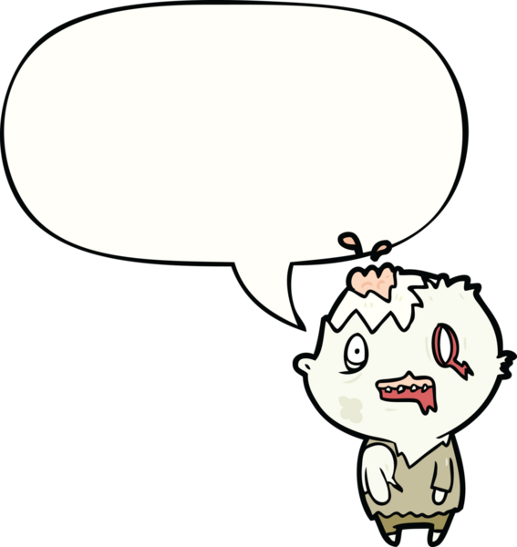 Bir insan tarafından çizilmiş konuşma balonu olan bir zombi çizgi filmi.