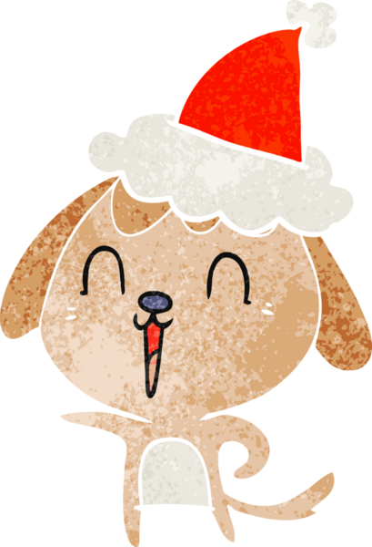 Bir insan tarafından çizilmiş Noel Baba şapkası takan bir köpeğin eski çizgi filmi.