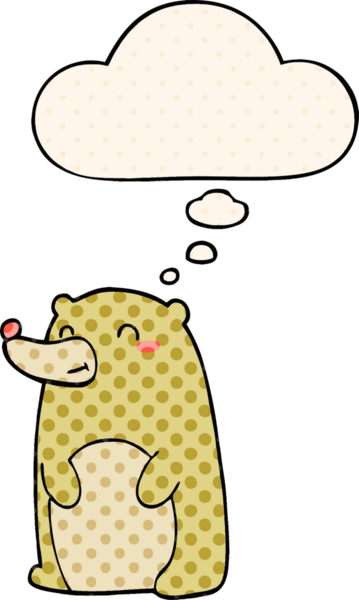 Bir insan tarafından çizilmiş çizgi roman tarzında düşünce baloncuğu olan sevimli çizgi film ayısı.