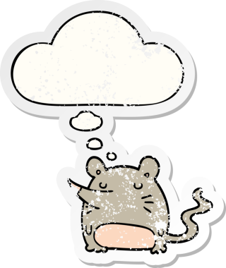 Düşünce baloncuğu olan çizgi film faresi bir insan tarafından çizilmiş yıpranmış bir çıkartma.