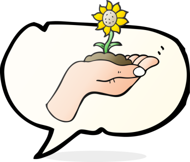 Bir insan tarafından çizilen avuç içinde büyüyen serbest konuşma balonu karikatürü çiçeği