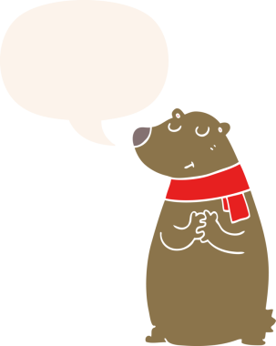 Bir insan tarafından çizilmiş, konuşma baloncuklu bir eşarp takan çizgi film ayısı.