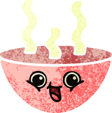 Bir insan tarafından çizilmiş sıcak bir çorba kasesinin retro çizim tarzı karikatürü.