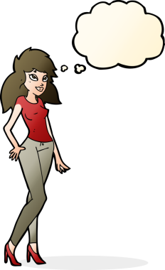 Bir insan tarafından çizilmiş düşünce baloncuğu olan güzel bir kadın.