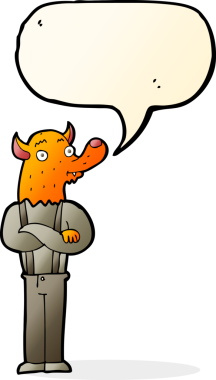 Bir insan tarafından çizilmiş konuşma balonlu tilki kafalı karikatür adam.