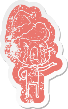 Bir insan tarafından çizilmiş Noel Baba şapkası takan ağlayan bir adamın garip karikatürü.