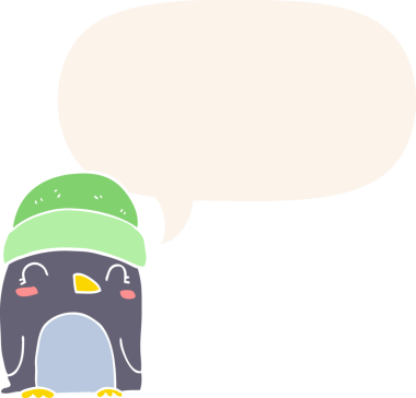 Bir insan tarafından çizilmiş konuşma baloncuğu olan sevimli penguen çizgi filmi.