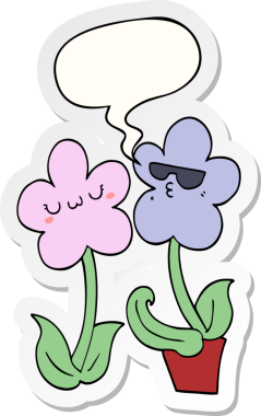 Bir insan tarafından çizilmiş baloncuk çıkartmalı şirin bir karikatür çiçeği.