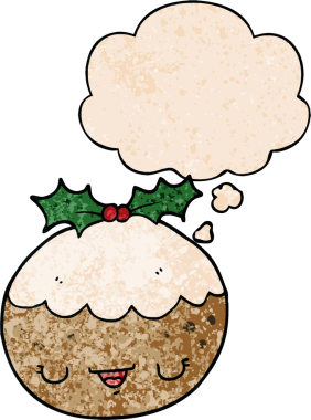 Düşünce baloncuklu tatlı çizgi film pudingi. Bir insan tarafından çizilmiş grunge desenli.