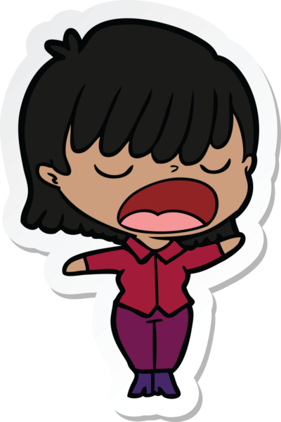 Bir insan tarafından çizilmiş yüksek sesle konuşan bir karikatür kadının çıkartması.