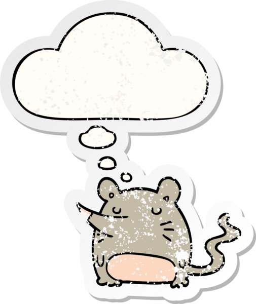 Düşünce baloncuğu olan çizgi film faresi bir insan tarafından çizilmiş yıpranmış bir çıkartma.