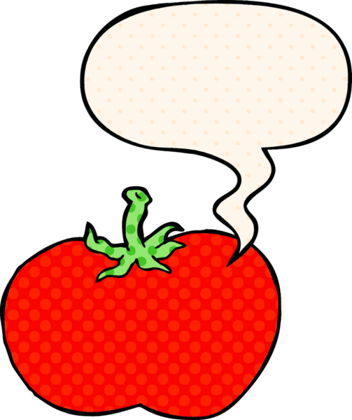 Bir insan tarafından çizilmiş çizgi roman tarzında konuşma baloncuklu domates.