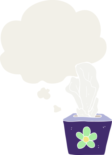 Düşünce baloncuklu kağıt mendil kutusu insan tarafından çizilmiş.