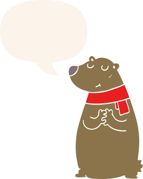 Bir insan tarafından çizilmiş, konuşma baloncuklu bir eşarp takan çizgi film ayısı.