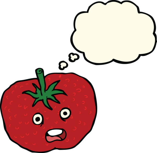 Bir insan tarafından çizilmiş düşünce baloncuklu domates.