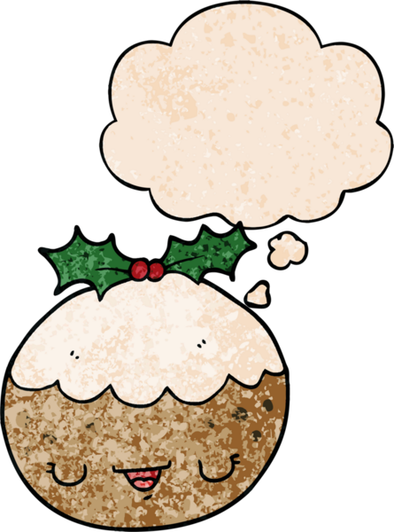 Düşünce baloncuklu tatlı çizgi film pudingi. Bir insan tarafından çizilmiş grunge desenli.