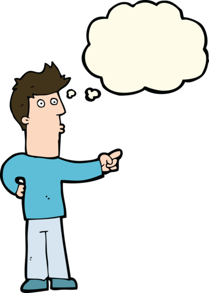 Bir insan tarafından çizilen düşünce baloncuğuyla işaret eden çizgi film adamı.