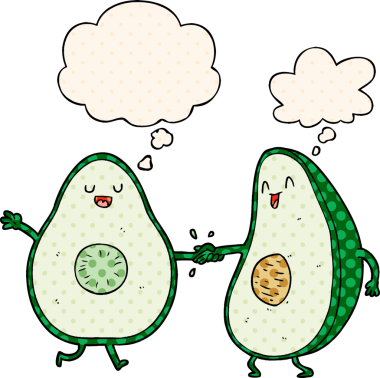 Bir insan tarafından çizilmiş, düşünce balonlu çizgi roman tarzı avokadolar.