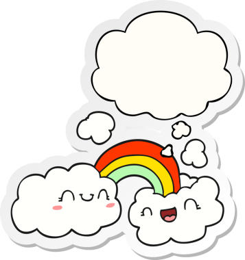 Mutlu karikatür bulutları ve gökkuşağı. Düşünce baloncuğu insan tarafından çizilmiş bir çıkartma.