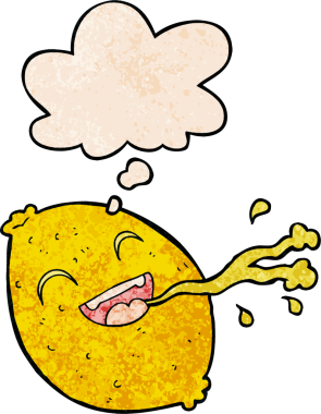 Düşünce baloncuklu limon fışkırtan çizgi film. Bir insan tarafından çizilmiş grunge desen tarzı.