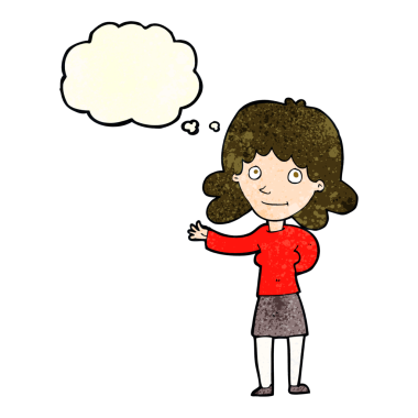 Bir insan tarafından çizilmiş düşünce baloncuğu olan çizgi film dostu kadın.