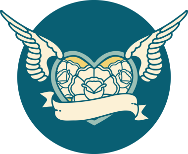 Bir insan tarafından çizilmiş çiçek ve bayrak ile uçan bir kalbin ikonik dövme görüntüsü