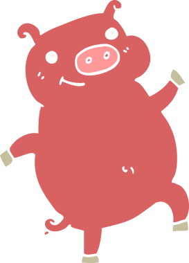 Bir insan tarafından çizilmiş düz renkli çizgi film dans eden domuz.