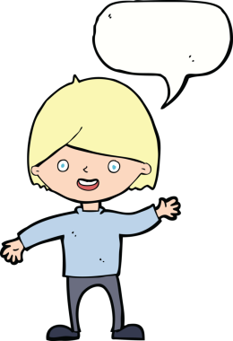 Bir insan tarafından çizilmiş konuşma balonu olan bir çizgi film çocuğu.