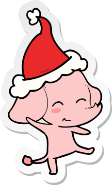 Bir insan tarafından çizilmiş Noel Baba şapkasıyla dans eden bir fil resmi.