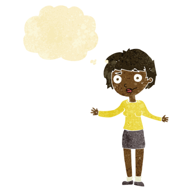 Bir insan tarafından çizilmiş düşünce baloncuğu olan kafası karışık bir kadın çizgi filmi.