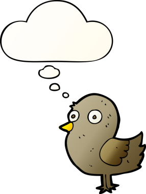 Düşünce baloncuğu olan çizgi film kuşu bir insan tarafından çizilmiş.