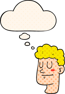 Çizgi roman tarzında bir insan tarafından çizilmiş düşünce baloncuklu erkek yüzü.