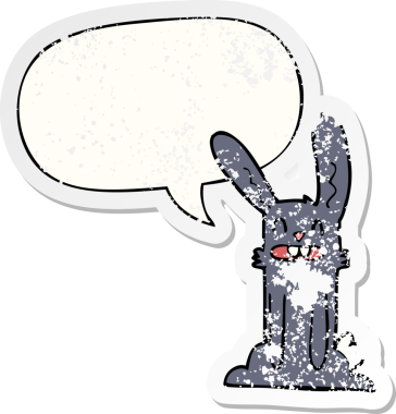 Konuşma baloncuğu olan çizgi film tavşanı bir insan tarafından çizilmiş sıkıntılı eski bir çıkartma