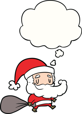 Bir insan tarafından çizilmiş düşünce baloncuklu Noel Baba çizgi filmi.