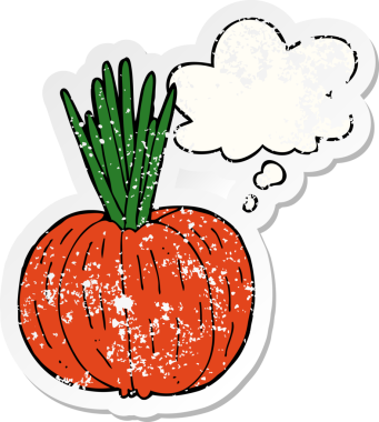 Düşünce baloncuğu olan karikatür sebzesi insan tarafından çizilmiş yıpranmış bir çıkartma.