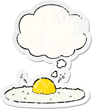 Düşünce baloncuklu karikatür yumurta insan tarafından çizilmiş yıpranmış bir çıkartma.