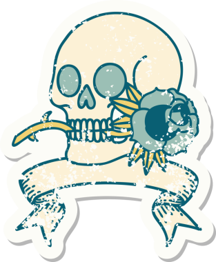 Bir insan tarafından çizilmiş kafatası ve gülü olan eski bir etiket.