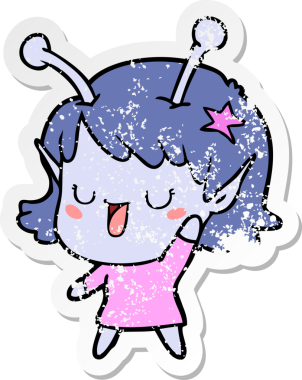 Bir insan tarafından çizilmiş mutlu uzaylı kız çizgi filminin sıkıntılı çıkartması.