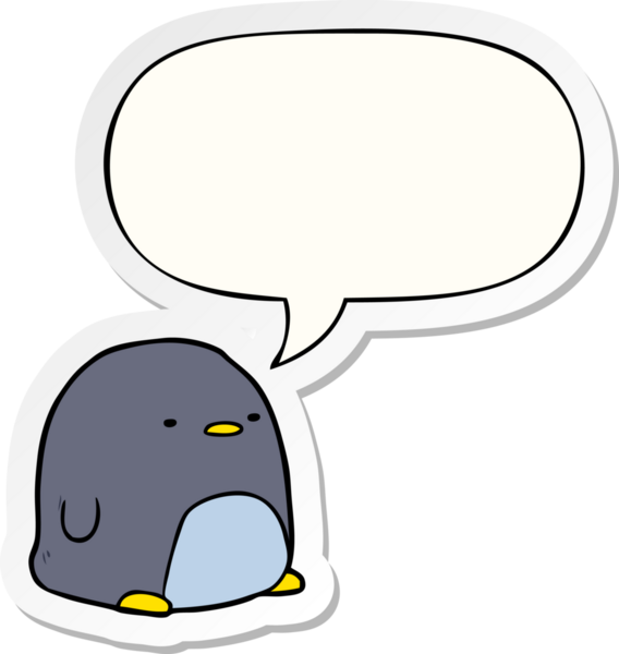 Bir insan tarafından çizilmiş konuşma kabarcığı çıkartmalı sevimli penguen.