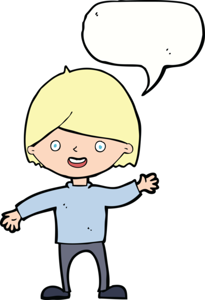 Bir insan tarafından çizilmiş konuşma balonu olan bir çizgi film çocuğu.