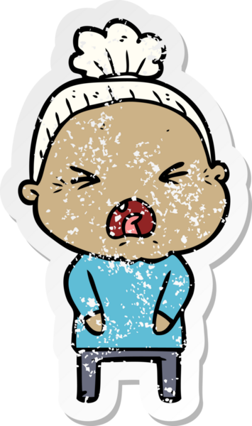 Bir insan tarafından çizilmiş kızgın yaşlı bir kadının sıkıntılı çıkartması.