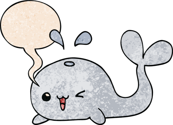 Konuşma baloncuğu olan karikatür balinası insan tarafından çizilmiş.