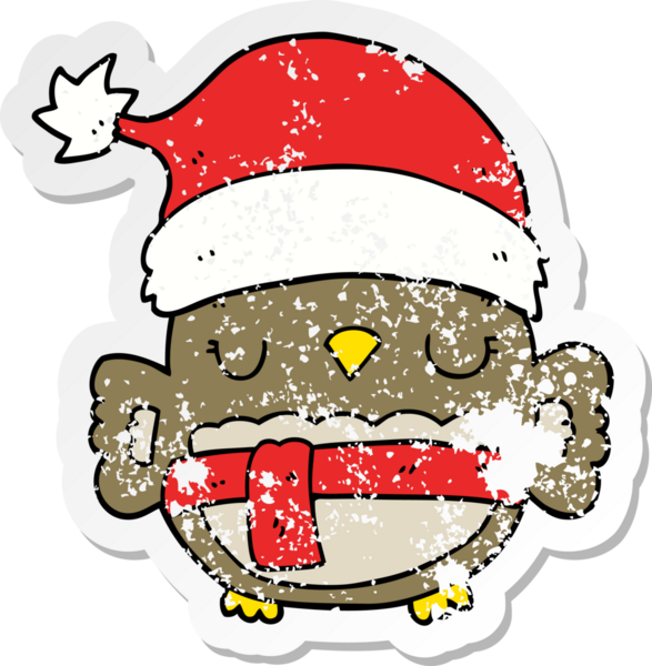 Bir insan tarafından çizilmiş şirin bir noel baykuşunun sıkıntılı çıkartması.