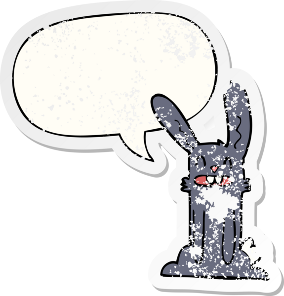 Konuşma baloncuğu olan çizgi film tavşanı bir insan tarafından çizilmiş sıkıntılı eski bir çıkartma