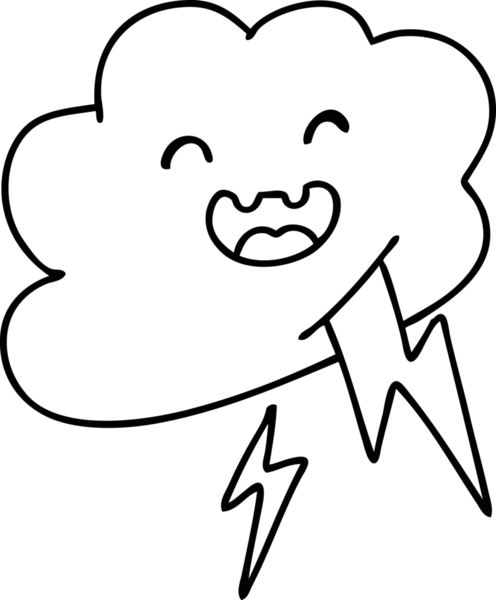 Bir insanın çizdiği yıldırımları fırlatan mutlu bir fırtına bulutunun çizgi karalaması