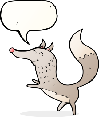 Bir insan tarafından çizilmiş konuşma balonlu mutlu kurt çizgi filmi.