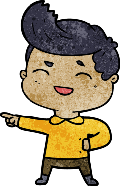 Bir insan tarafından çizilen, gülen ve işaret eden çizgi film adamı.