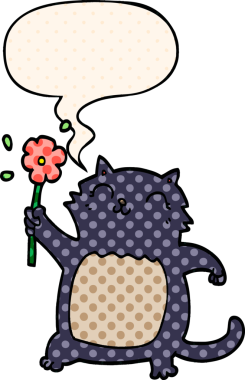 Çizgi roman tarzında konuşan çiçekli çizgi film kedisi insan tarafından çizilmiş.