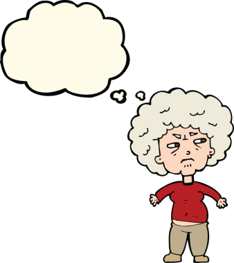 Bir insan tarafından çizilmiş düşünce baloncuğuyla yaşlı bir kadını rahatsız eden çizgi film.