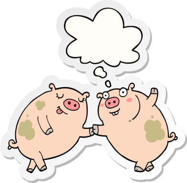 Düşünce baloncuğuyla dans eden domuzlar insan tarafından çizilmiş bir çıkartma gibi.